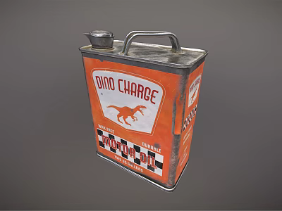 Dino Charge Industrial Metal Fuel Canister With Orange Body Dinosaur Logo And Checkered Pattern 3d model