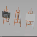 Three Wooden Easels Furniture with One Painting and Two Empty Canvases in Modern Interior Setup