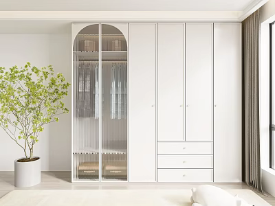 Modern White Wardrobe With Ribbed Glass Doors And Drawers Near Green Plant 3d model