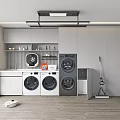 Home Balcony Laundry Space With Washing Machines Dryer Cabinets Window Robot Vacuum And Mop
