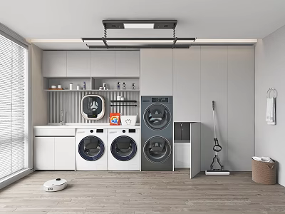 Home Balcony Laundry Space With Washing Machines Dryer Cabinets Window Robot Vacuum And Mop 3d model