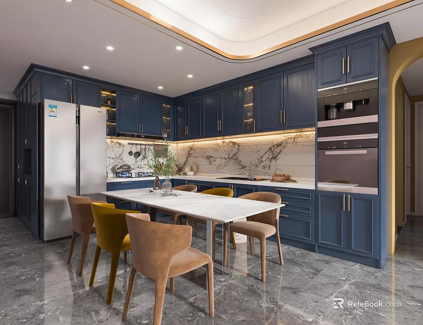 Elegant Modern Restaurant Interior With Blue Cabinets Marble Countertops Dining Table And Chairs 3d model 