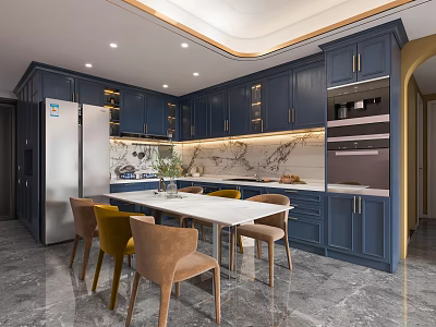 Elegant Modern Restaurant Interior With Blue Cabinets Marble Countertops Dining Table And Chairs 3d model