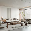 Modern Living Room With Beige Sofa Wooden Armchair Coffee Table Floor Lamp And Large Windows