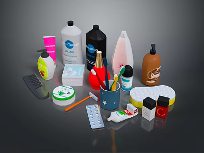 Assorted Daily Living Essentials With Toiletries Cosmetics Brushes And Personal Care Items 3d model