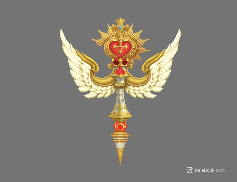 Ornate Golden Mythical Scepter Weapon With Red Heart Gem And Angel Wings Design 3d model 