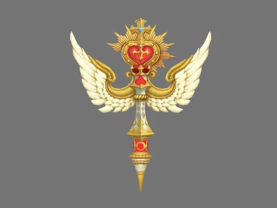 Ornate Golden Mythical Scepter Weapon With Red Heart Gem And Angel Wings Design 3d model