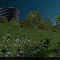 Scenic Park Landscape With Green Lawn Trees Flowers And Water Feature Near Modern Building