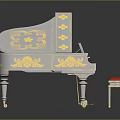 Elegant Ornate Piano With Golden Painted Artwork Red Stool And Small Photo Frame