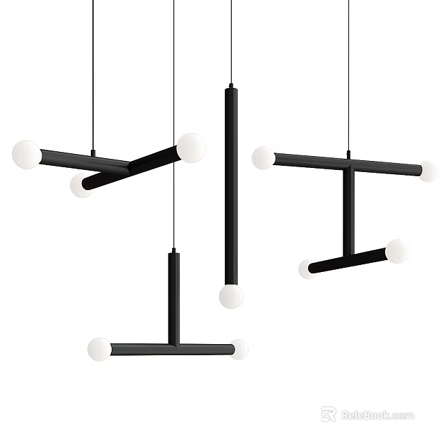 Modern Hanging Pendant Lights With Black Rods And White Spherical Globes 3d model 