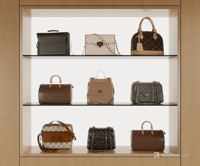 Various Stylish Bags Display On Shelves With Different Colors And Designs 3d model 
