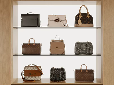 Various Stylish Bags Display On Shelves With Different Colors And Designs 3d model