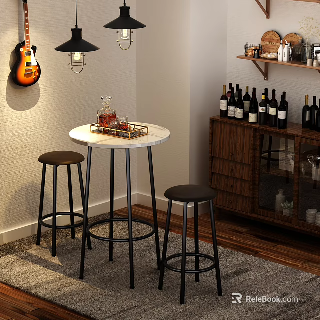 Modern Round Dining Table Set With White Top Black Bar Stools And Wooden Wine Rack 3d model 