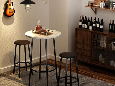 Modern Round Dining Table Set With White Top Black Bar Stools And Wooden Wine Rack 3d model