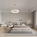 Modern Minimalist Bedroom Interior Design With Bed Pendant Light Desk Chair And Wooden Floor