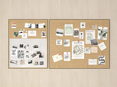 Two Creative Cork Boards With Photos Cards Notes And Decorative Items 3d model