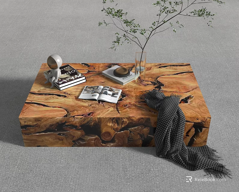 Natural Wooden Coffee Table with Open Magazine Books Small Decor Vase and Gray Blanket 3d model 