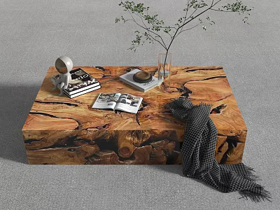 Natural Wooden Coffee Table with Open Magazine Books Small Decor Vase and Gray Blanket 3d model