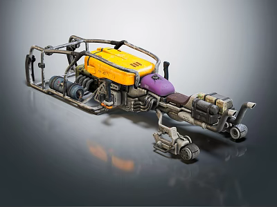 Yellow And Purple Mechanical Vehicle With Metal Frame Wheels And Functional Parts 3d model
