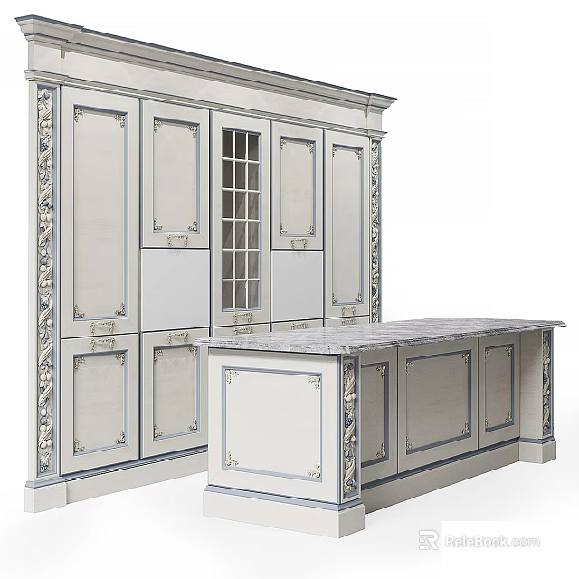Classic White Kitchen Cabinetry With Ornate Carvings And Marble Top Island 3d model 