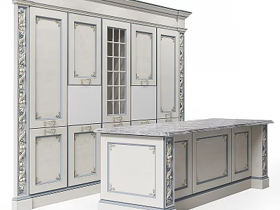 Classic White Kitchen Cabinetry With Ornate Carvings And Marble Top Island 3d model