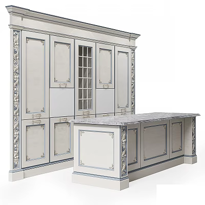 Classic White Kitchen Cabinetry With Ornate Carvings And Marble Top Island 3d model