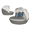 Gray Wicker Outdoor Sofa With Round Design Canopy And Blue Cushions 3d model
