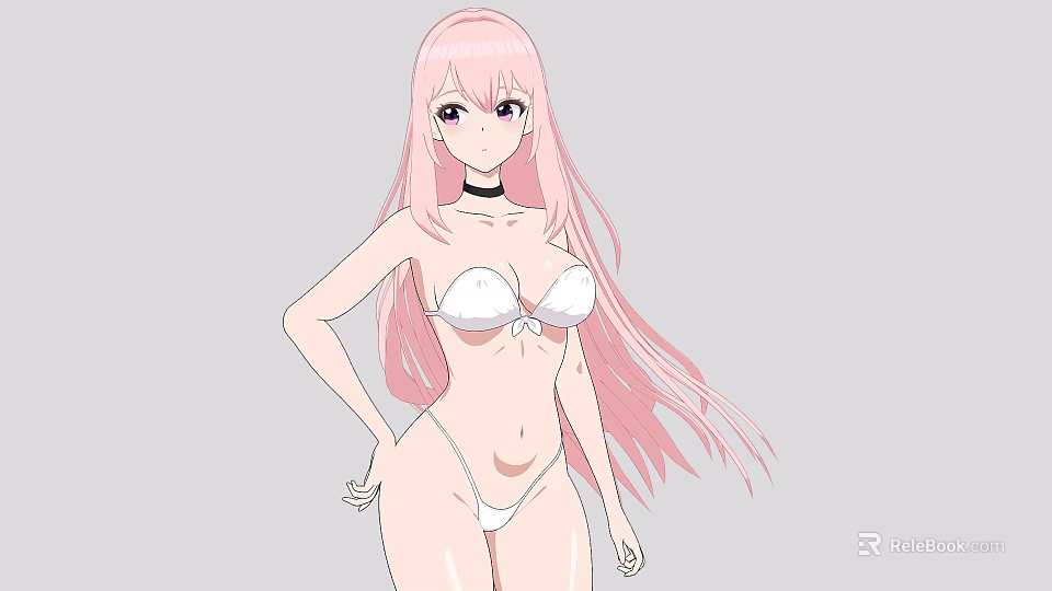 Woman with pink long hair wearing white bikini and choker against gray background 3d model 