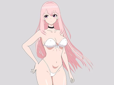 Woman with pink long hair wearing white bikini and choker against gray background 3d model