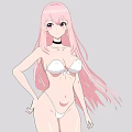 Woman with pink long hair wearing white bikini and choker against gray background