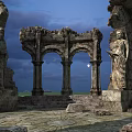 Ancient Stone Ruins With Carved Archway Statues And Moonlit Night Sky