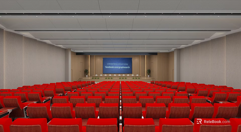 Large Conference Hall Interior With Red Seats Front Stage And Digital Screen 3d model