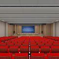 Large Conference Hall Interior With Red Seats Front Stage And Digital Screen 3d model