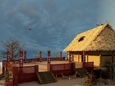 Detached Villa With Thatched Roof Red Railings Open Terrace Trees And Flying Birds Under Sky 3d model