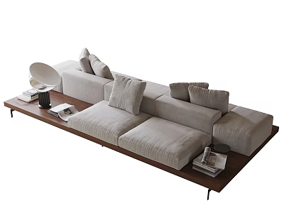 Modern Light Gray Upholstered Sectional Sofa with Plush Cushions and Wooden Base Side Table 3d model