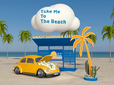 Summer Beach Photo Spot With Yellow Beetle Car Cloud Sign Pavilion Palm Tree And Flowers 3d model