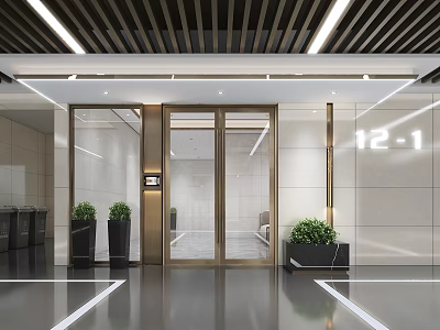 Modern Minimalist Entrance Lobby Interior With Glass Doors Green Plants And Marble Walls 3d model