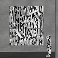 Black And White Abstract Painting With Four Panels On Gray Wall Near Sculpture