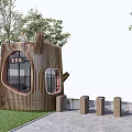 Unique Wooden Building Featuring Circular Windows Trees Lawn Stone Path And Pillars 3d model