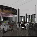 Elegant Spacious Modern Banquet Hall With Delicate Ceiling Decor And Well Arranged Comfortable Dining Spaces