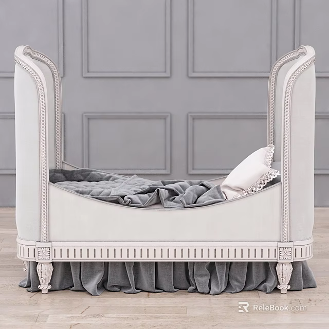 Elegant White Baby Crib With Ornate Carved Frame Soft Gray Blanket And White Pillow 3d model 