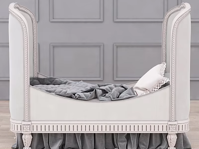 Elegant White Baby Crib With Ornate Carved Frame Soft Gray Blanket And White Pillow 3d model