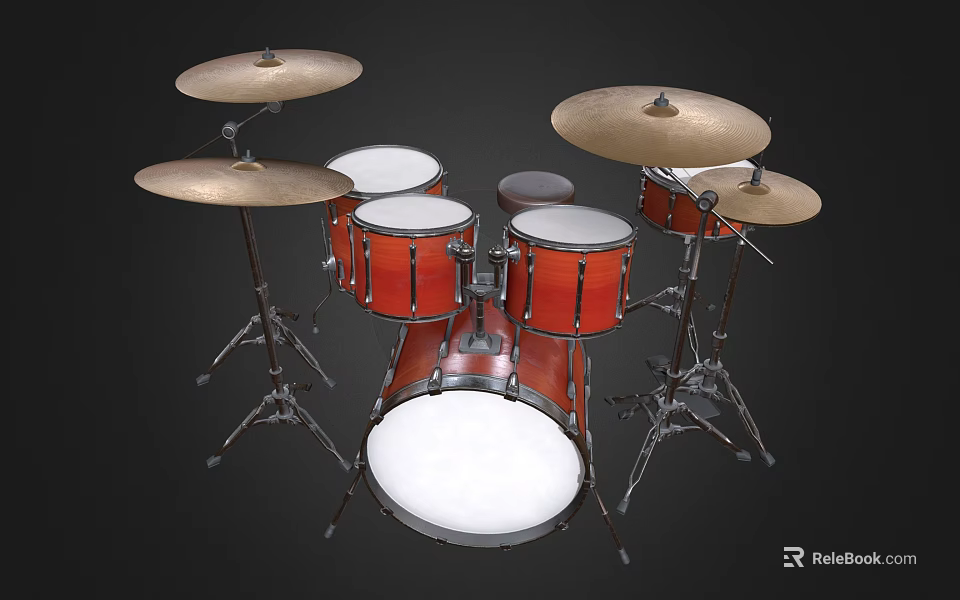 Red Drum Set With Tom Toms Snare Bass Drum Cymbals And Stands For Music Practice 3d model 