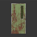 Green Door With Red Rusty Stains And Small Glass Window Panel 3d model
