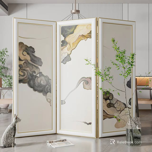 Traditional Chinese Decorative Screen With Painted Patterns Gold Frame And White Panels 3d model