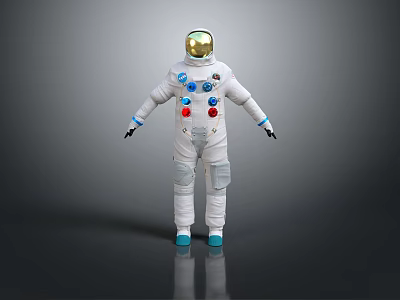 Astronaut in White Spacesuit with Gold Helmet Blue Gloves and Red Buttons for Space Missions 3d model