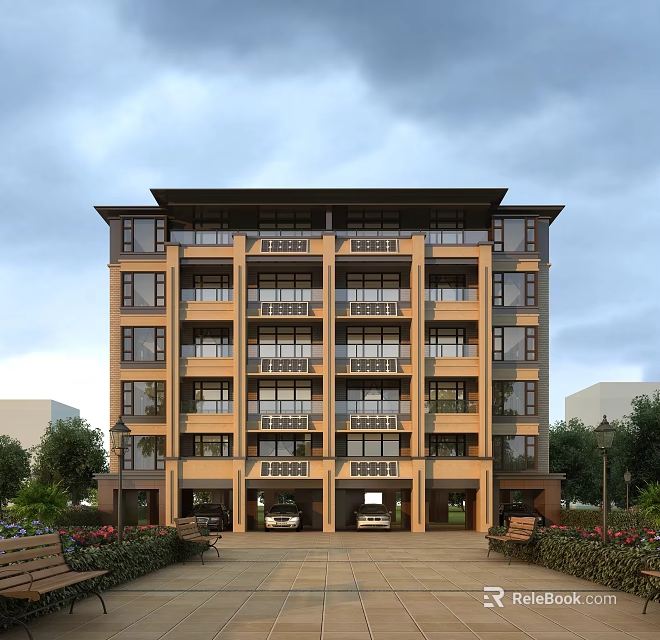 Multi story residential building featuring light brown exterior balconies ground floor garages and surrounding greenery 3d model 