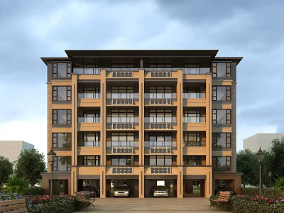 Multi story residential building featuring light brown exterior balconies ground floor garages and surrounding greenery 3d model
