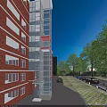 Elevator With Transparent Structure On Red Brick Building Near Trees Parked Cars And Blue Sky