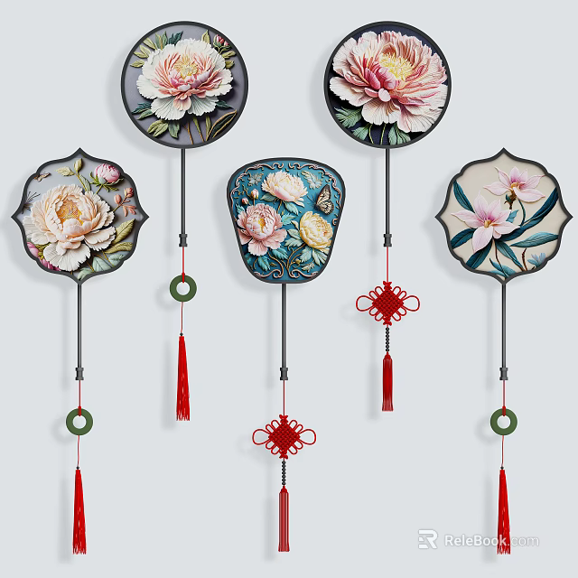 Chinese Style Floral Hanging Decorations With Various Shapes Colorful Peony Patterns And Decorative Tassels 3d model 